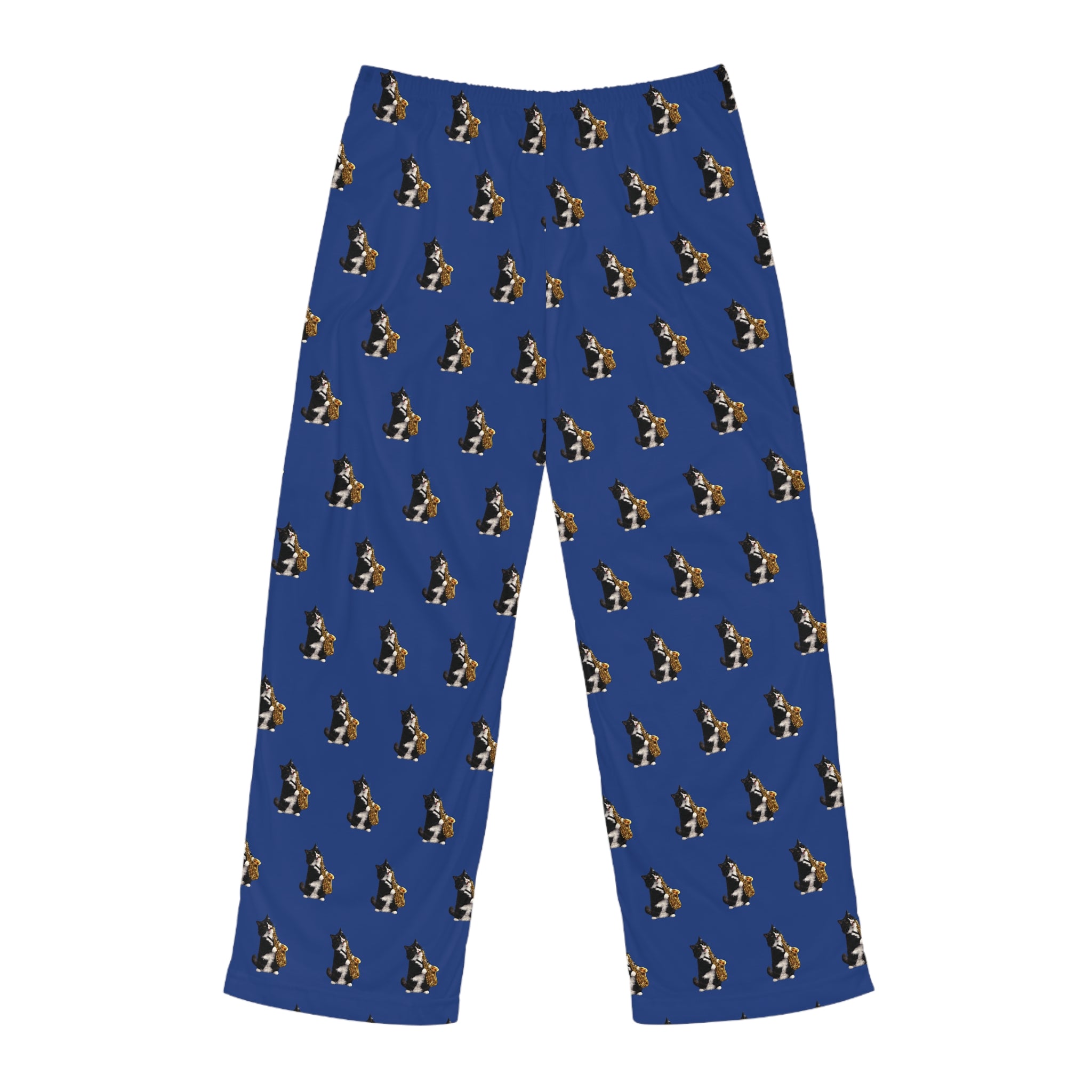 Men's Blue Pajama Pants with Tuxedo Cat Playing Saxophone Pattern