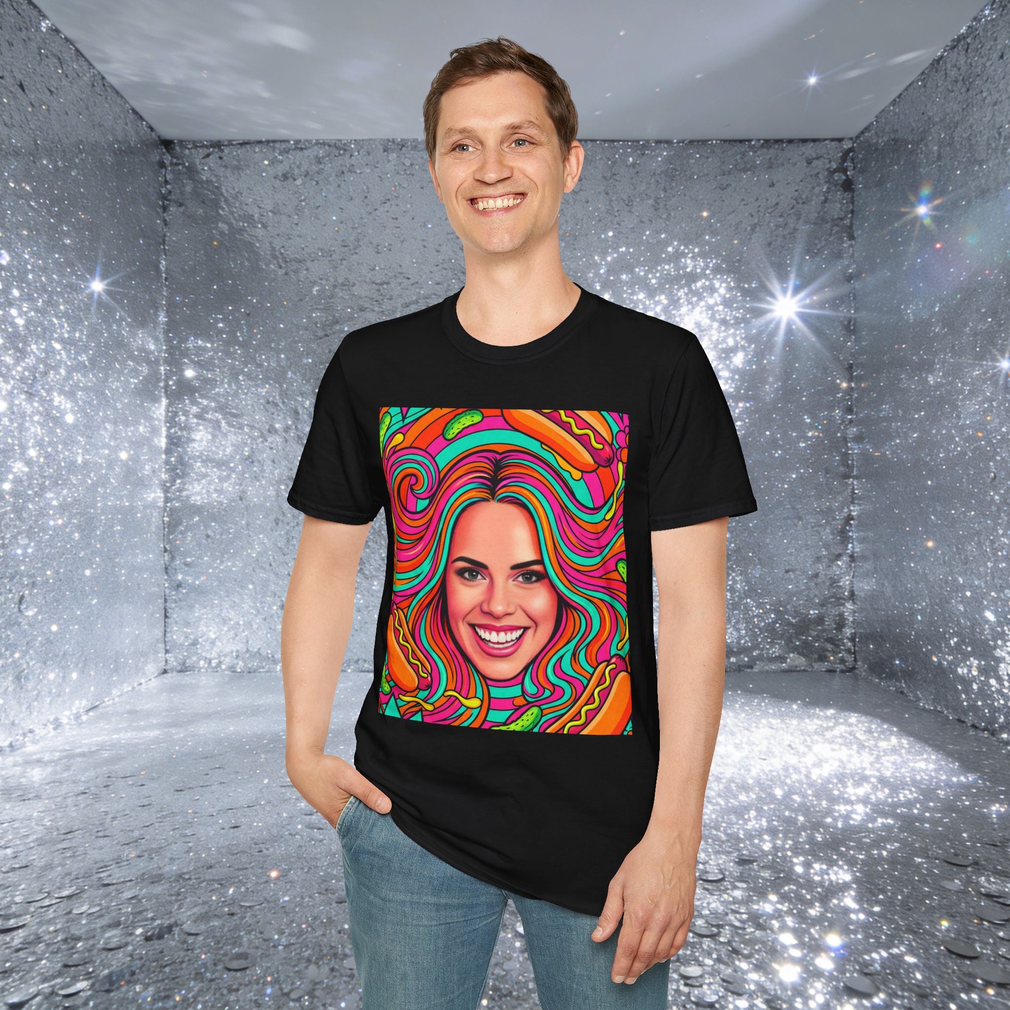 Psychedelic Pop Crystal Sparkle Portrait by FoxQT T-Shirt — Colorful Swirl Face Art Tee