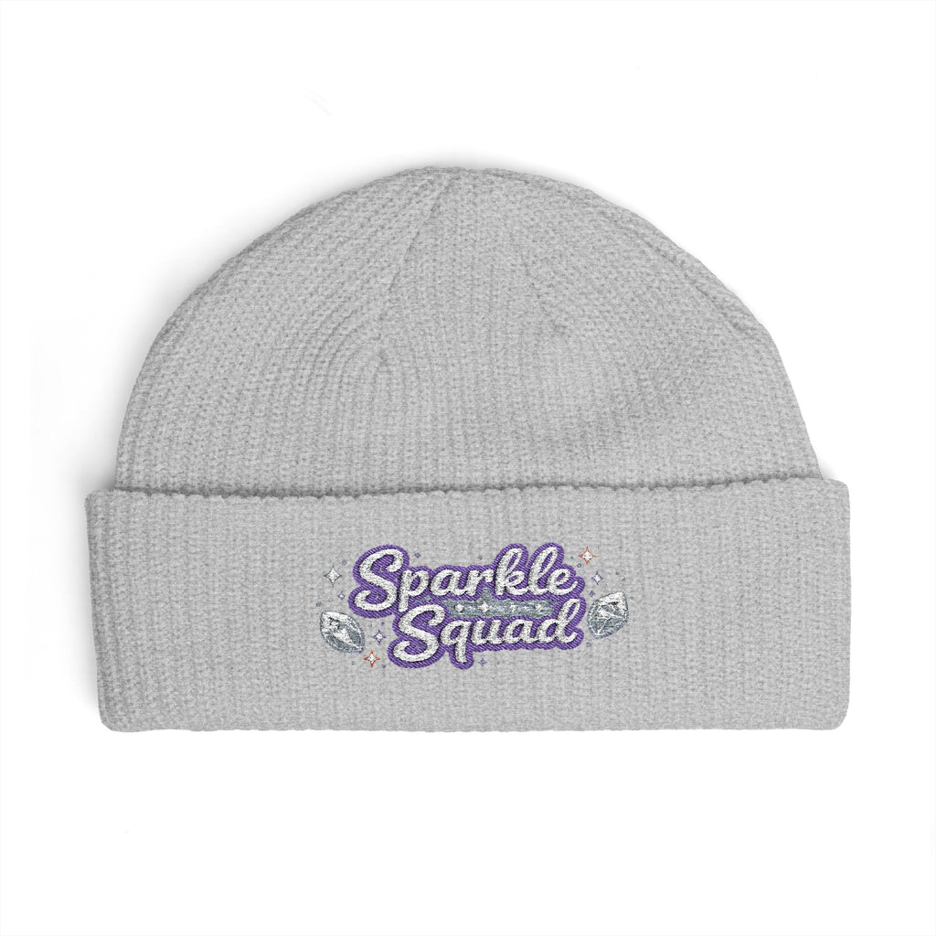 Sparkle Squad by GareBearStare Cuff Beanie — Embroidered Glitter Script Winter Hat