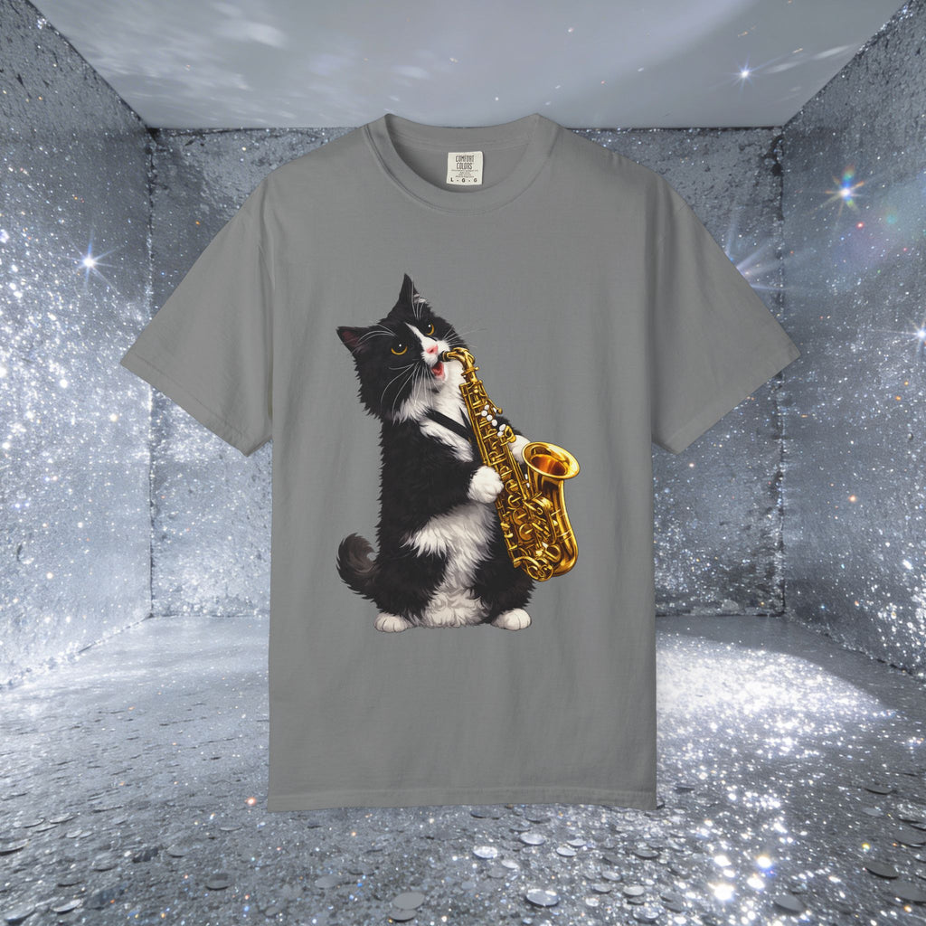 Tuxedo Cat Playing Saxophone T-Shirt — Funny Jazz Kitty Graphic Tee