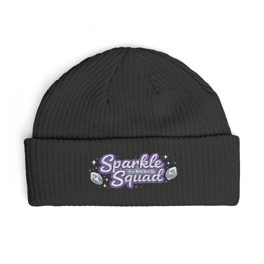 Sparkle Squad by GareBearStare Cuff Beanie — Embroidered Glitter Script Winter Hat