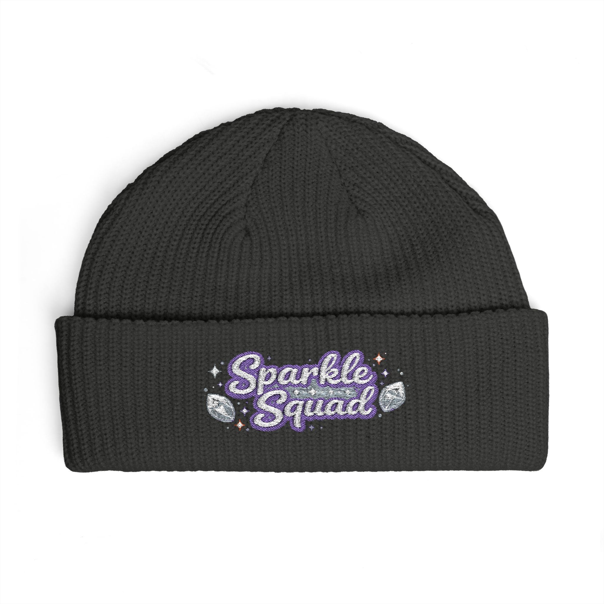 Sparkle Squad by GareBearStare Cuff Beanie — Embroidered Glitter Script Winter Hat