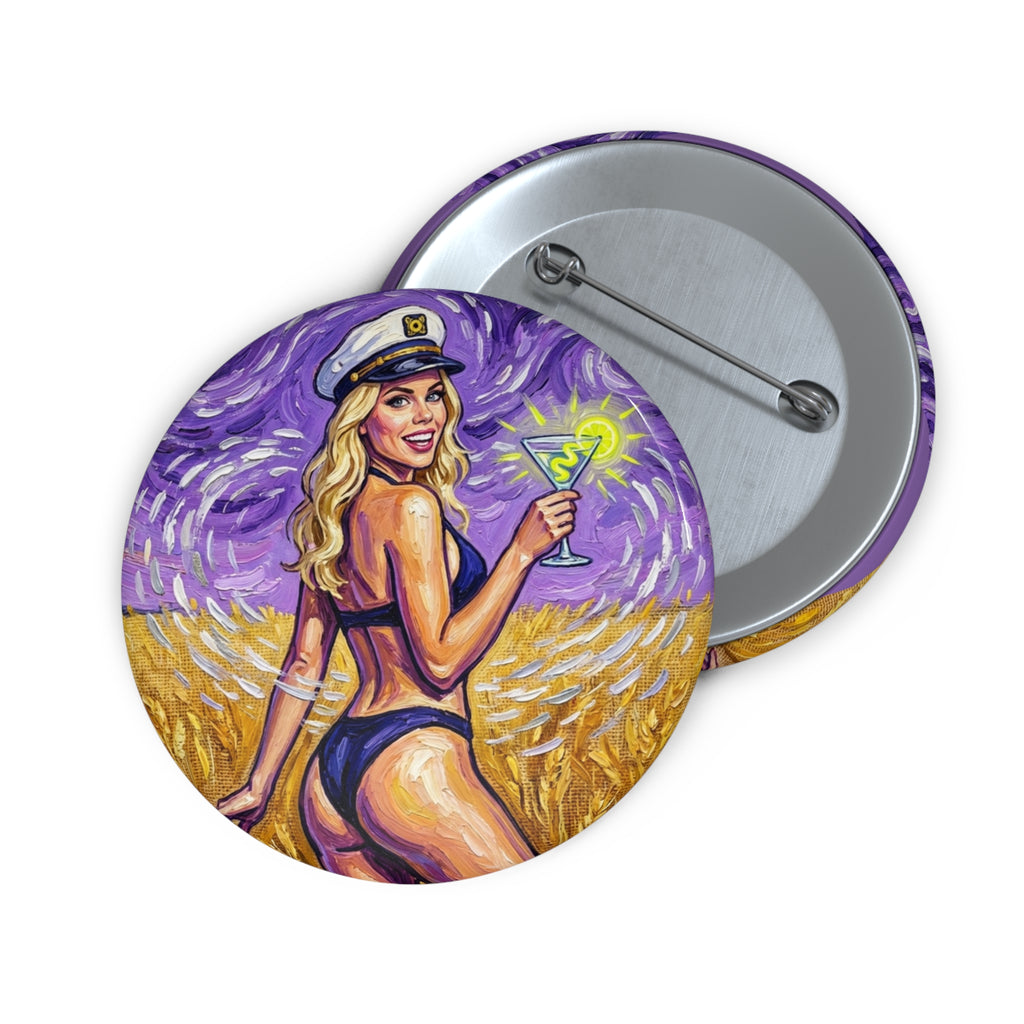 Crystal Sparkle Round Sailor Painting by FoxQT Pin Button — Retro Beach Pin-Up with Cocktail