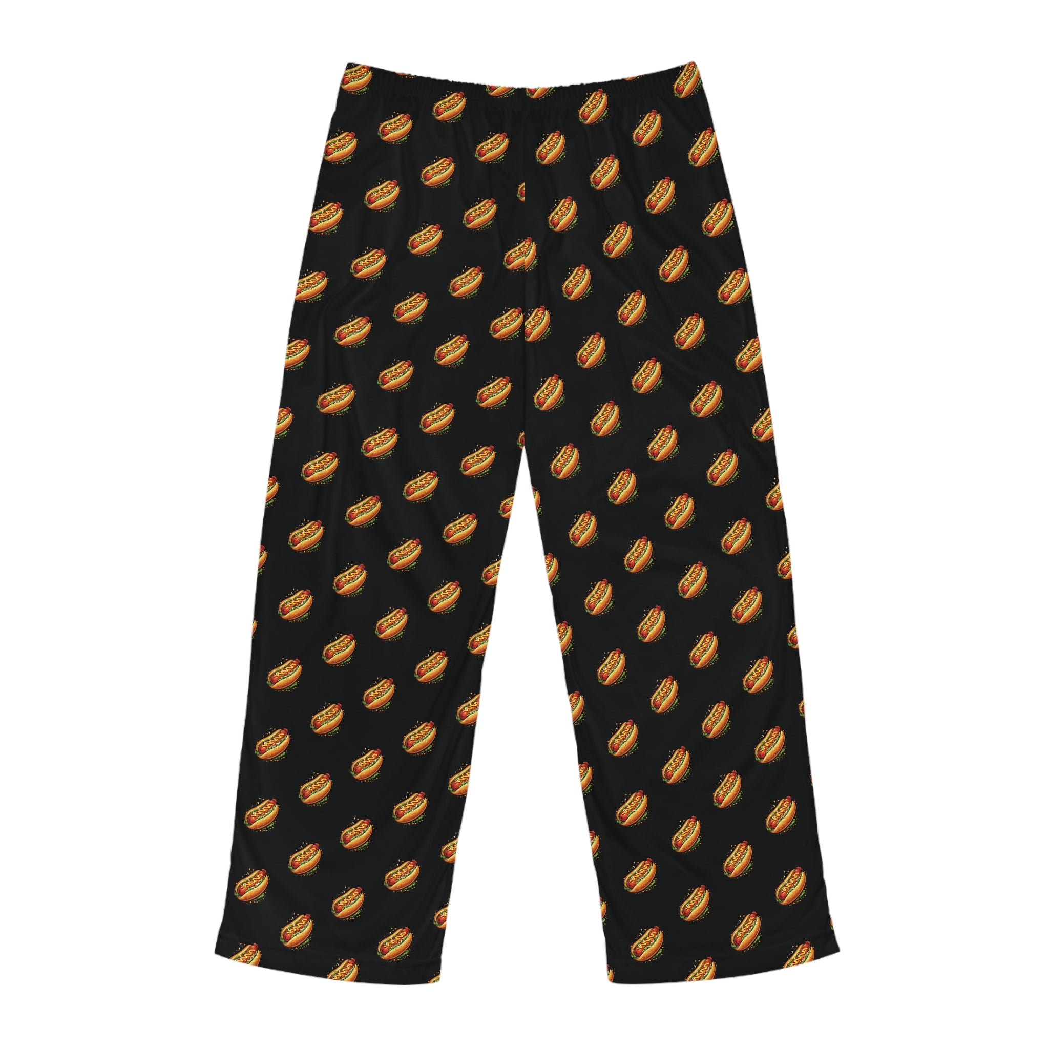 Men's Black Pajama Pants with Hotdog Pattern by Taliasaurus