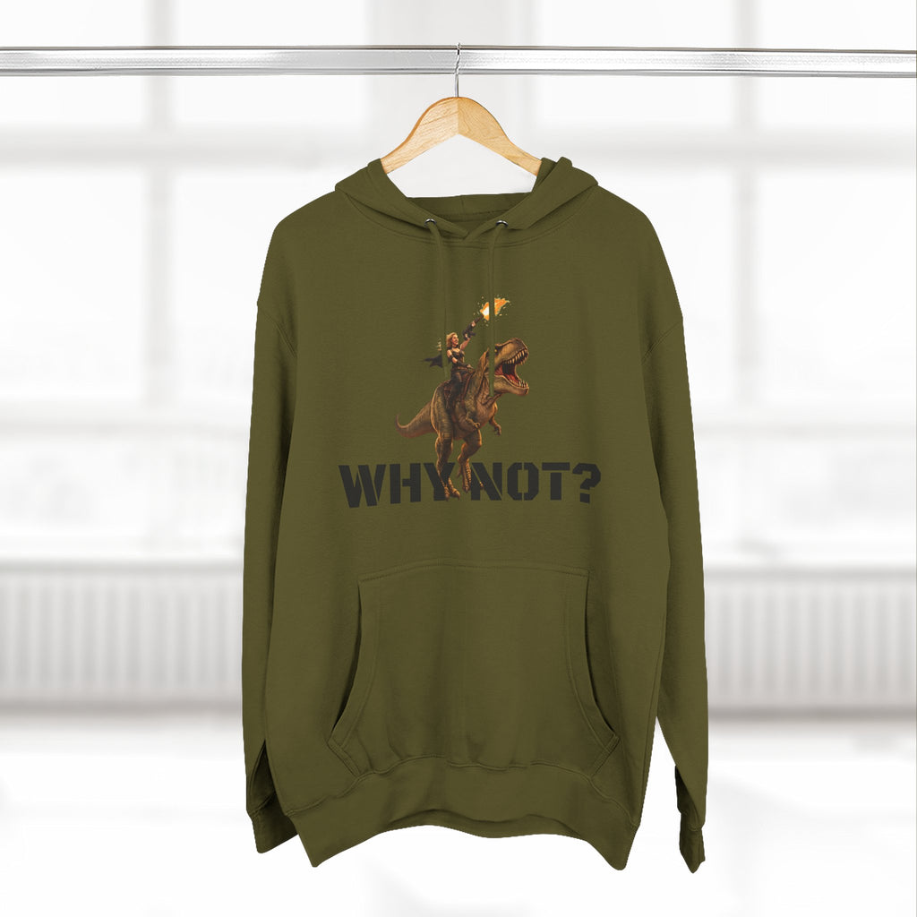 Dinosaur Rider Crystal Sparkle Hoodie — 'WHY NOT?' Graphic Pullover
