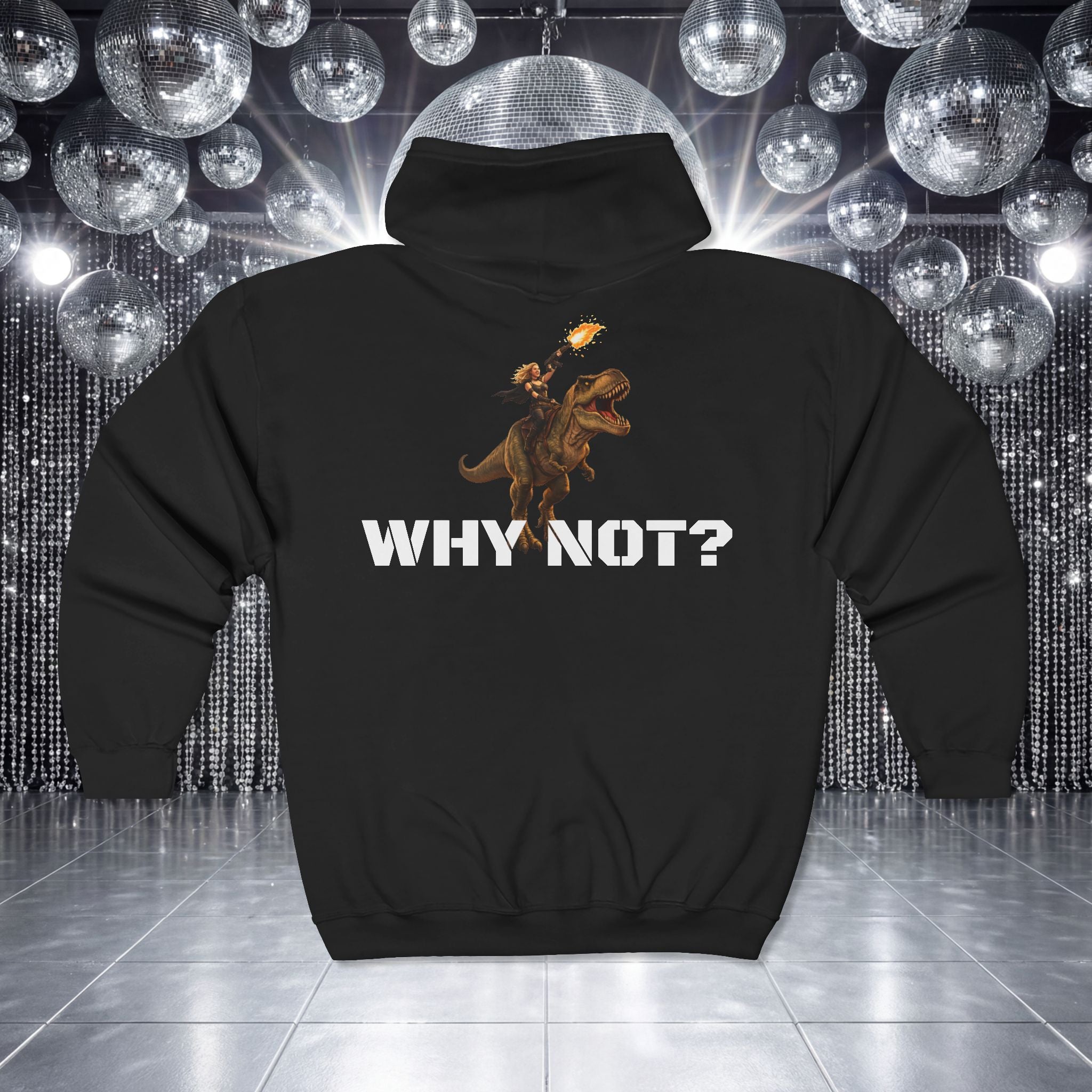 Why Not? Crystal Sparkle T‑Rex Zip Hoodie — Funny Dinosaur Full‑Zip Sweatshirt