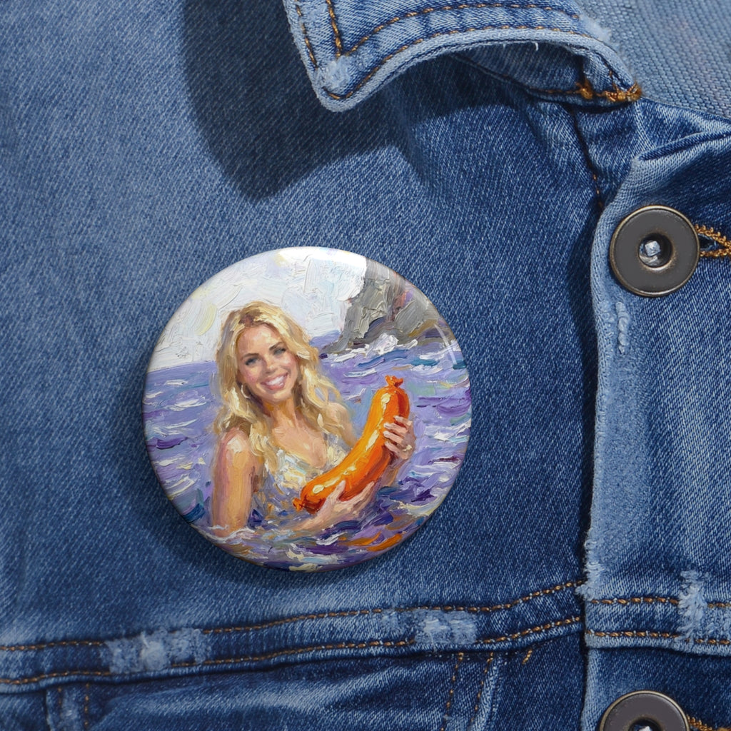 Crystal Sparkle Hotdog Painting by FoxQT Pin Button — Vintage Seaside Crystal Holding Hotdog Art Button