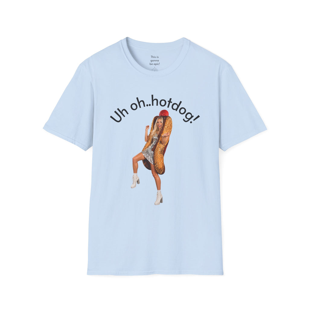 Crystal Sparkle Hotdog Costume by SneakyPete Humorous Unisex Softstyle T-Shirt - 'Uh oh.. hotdog!' Fun Graphic Tee