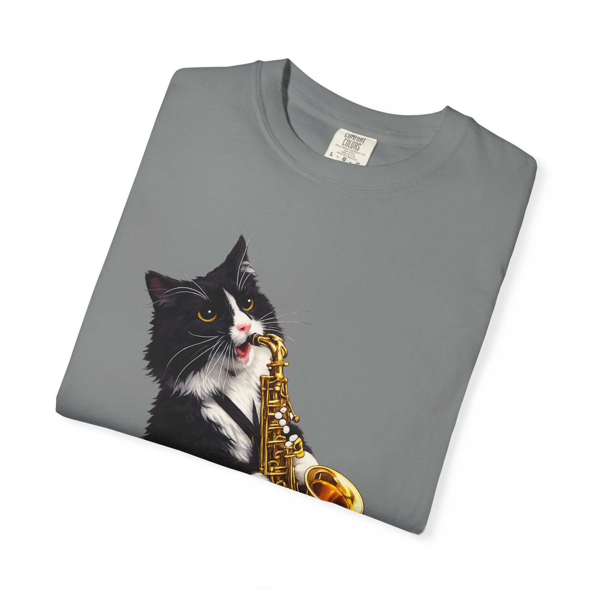 Tuxedo Cat Playing Saxophone T-Shirt — Funny Jazz Kitty Graphic Tee