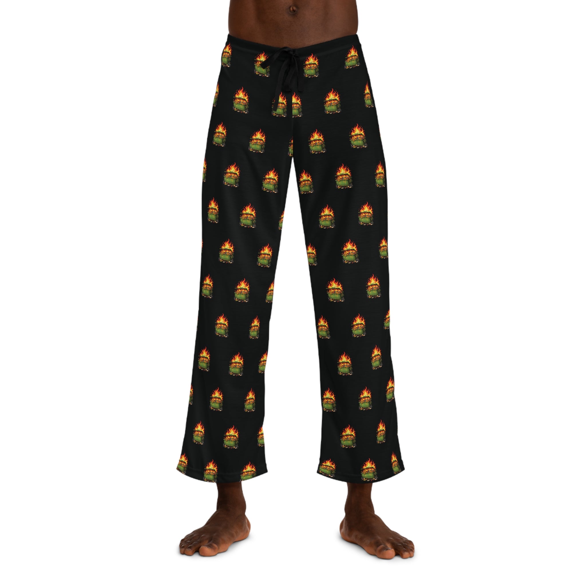 Men's Black Pajama Pants with Dumpster Fire Pattern