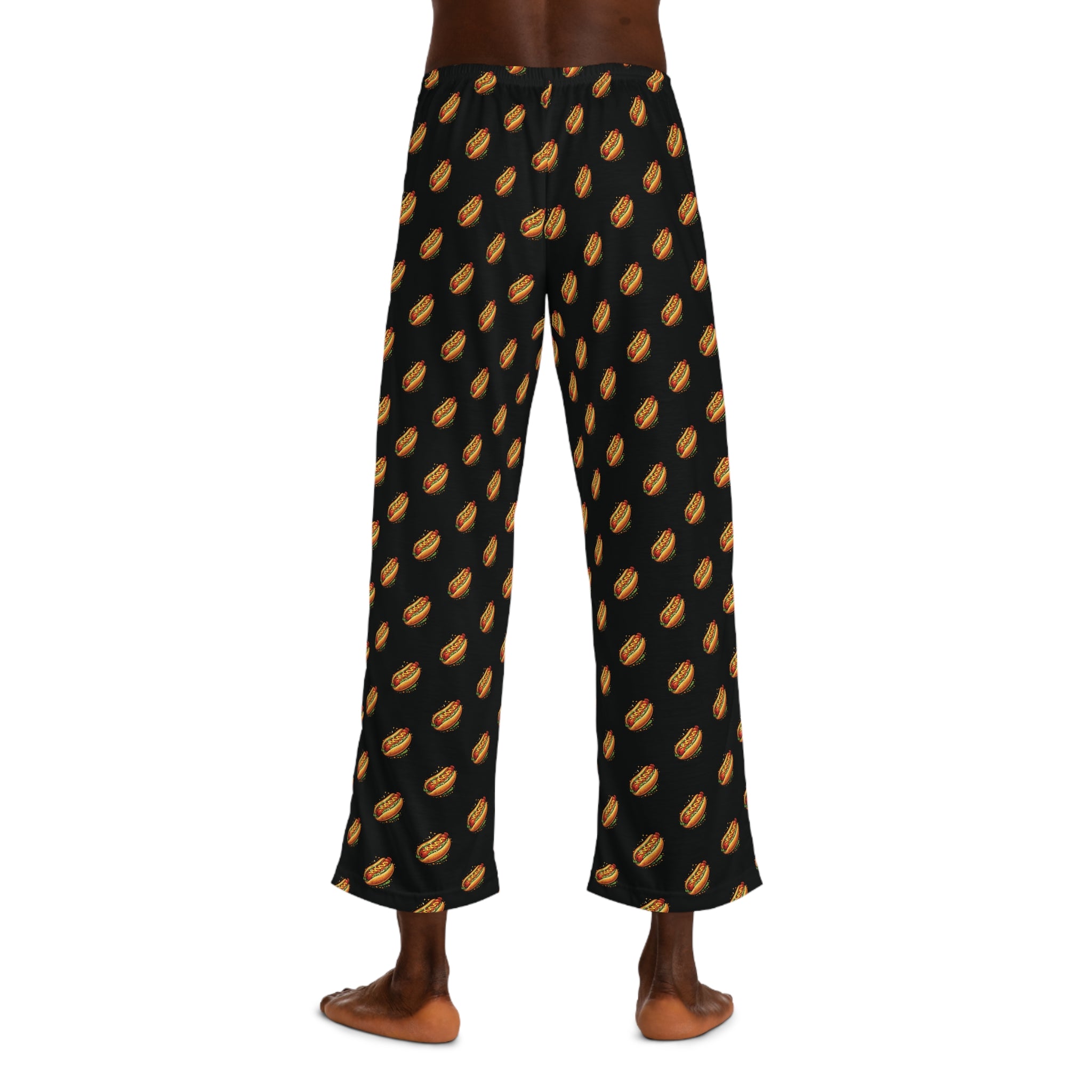 Men's Black Pajama Pants with Hotdog Pattern by Taliasaurus