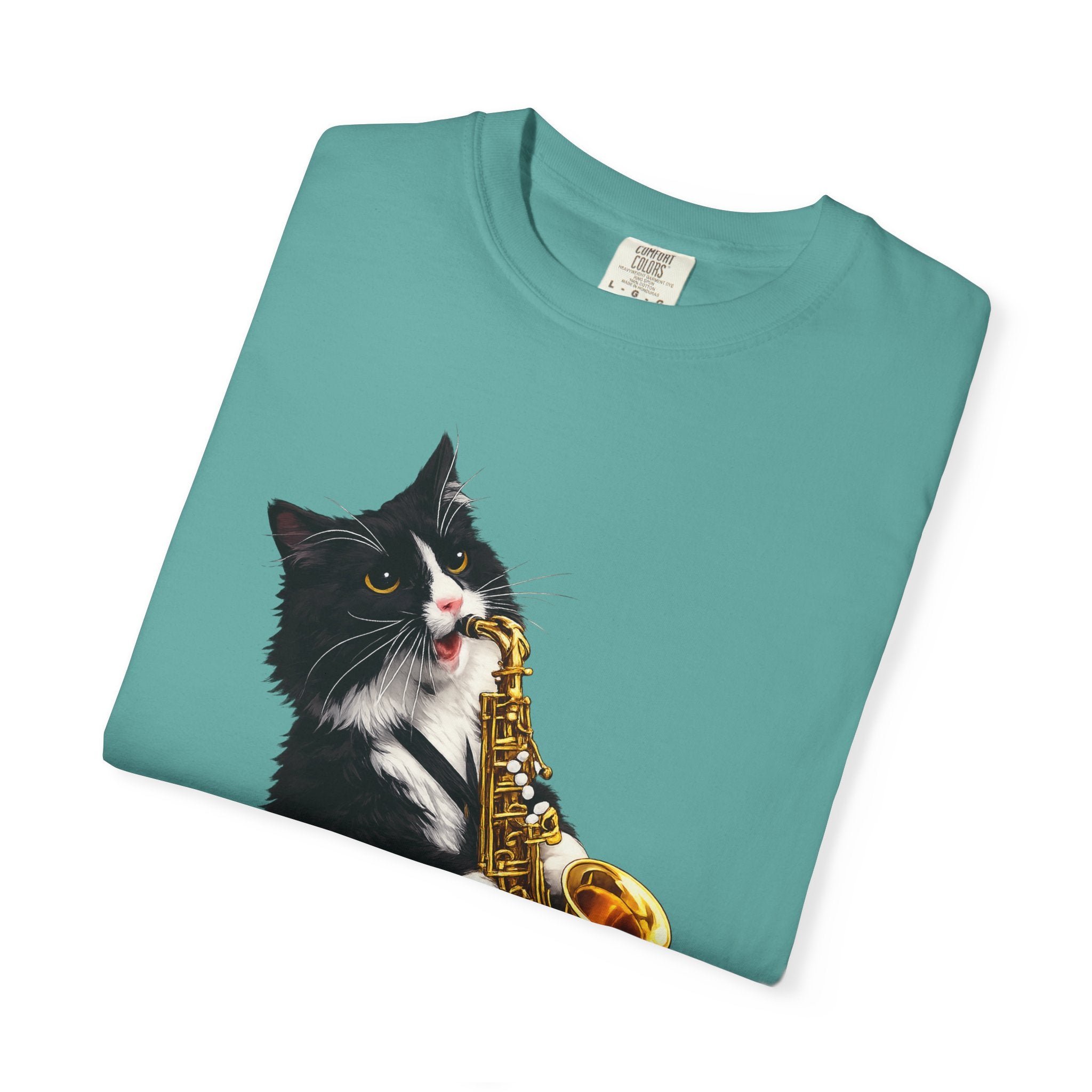 Tuxedo Cat Playing Saxophone T-Shirt — Funny Jazz Kitty Graphic Tee
