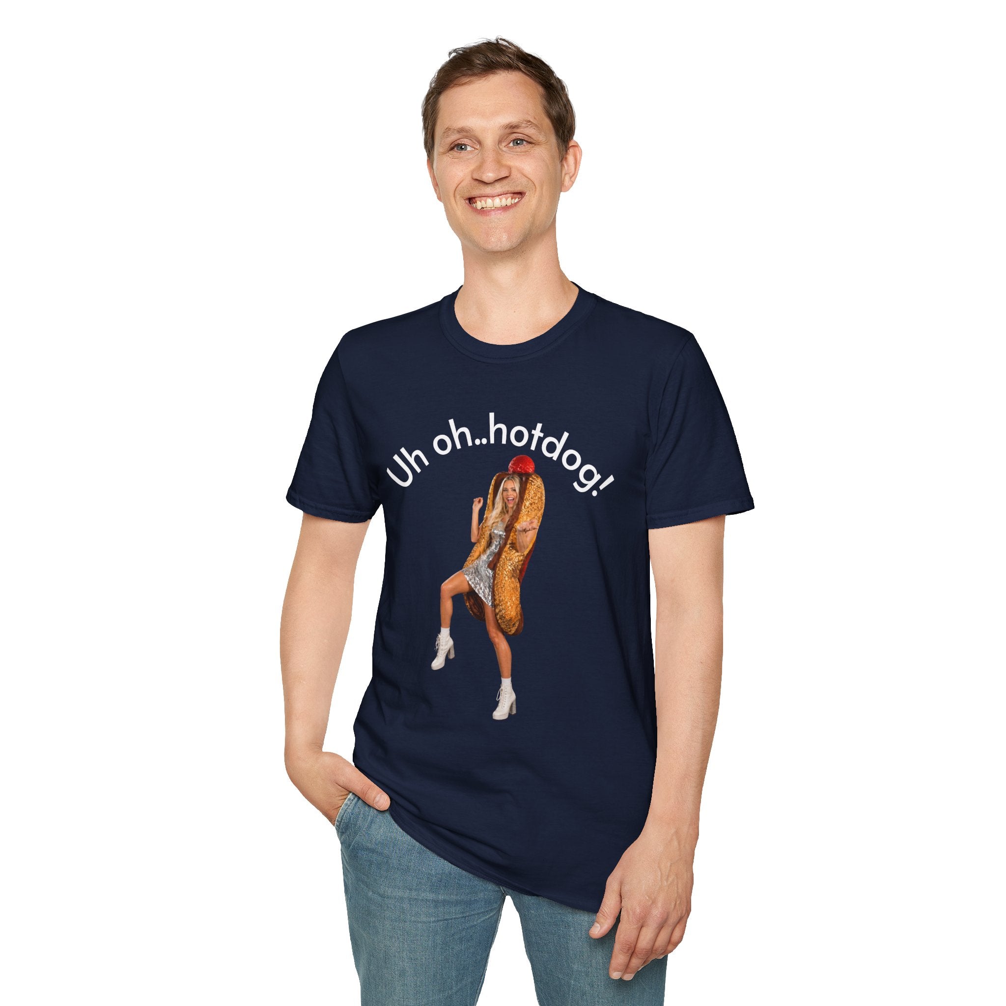 Crystal Sparkle Hotdog Costume by SneakyPete Humorous Unisex Softstyle T-Shirt - 'Uh oh.. hotdog!' Fun Graphic Tee