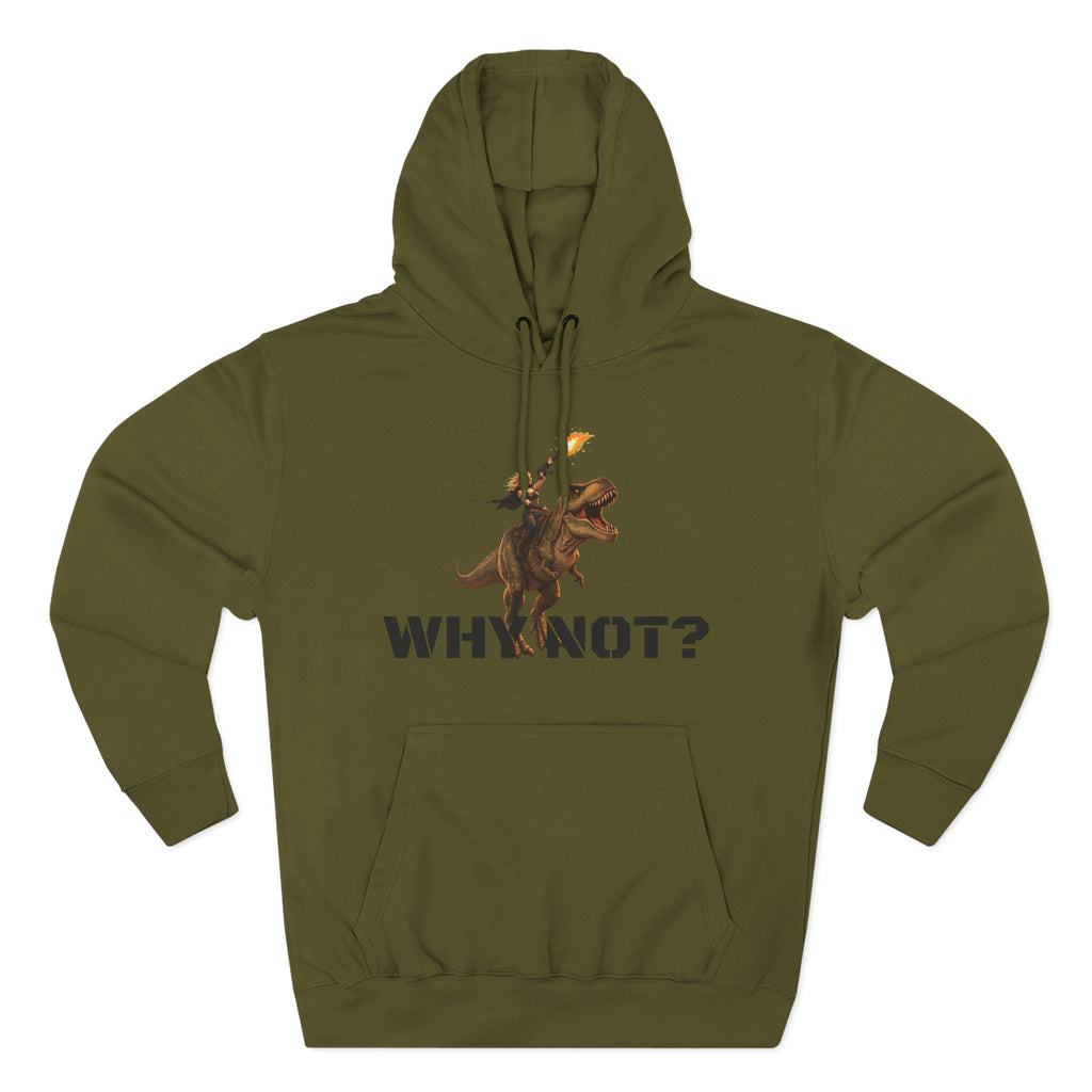 Dinosaur Rider Crystal Sparkle Hoodie — 'WHY NOT?' Graphic Pullover