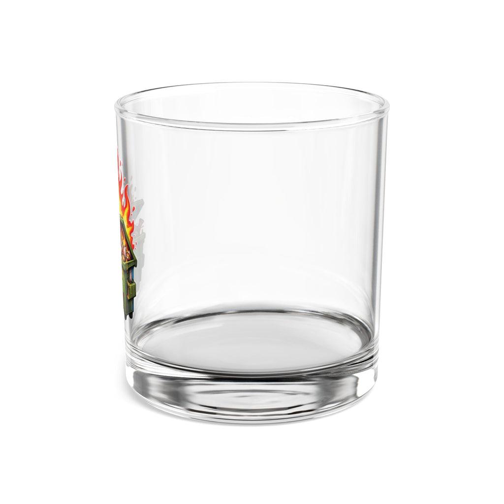 Dumpster Fire by TaliasaurusRex Rocks Glass — 10oz Whiskey Glass with Funny Flaming Dumpster Design