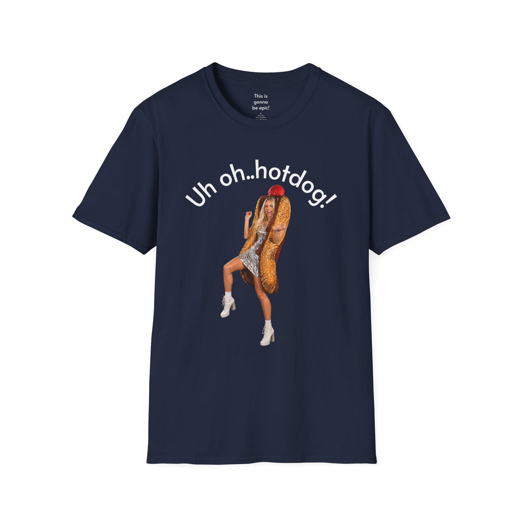 Crystal Sparkle Hotdog Costume by SneakyPete Humorous Unisex Softstyle T-Shirt - 'Uh oh.. hotdog!' Fun Graphic Tee