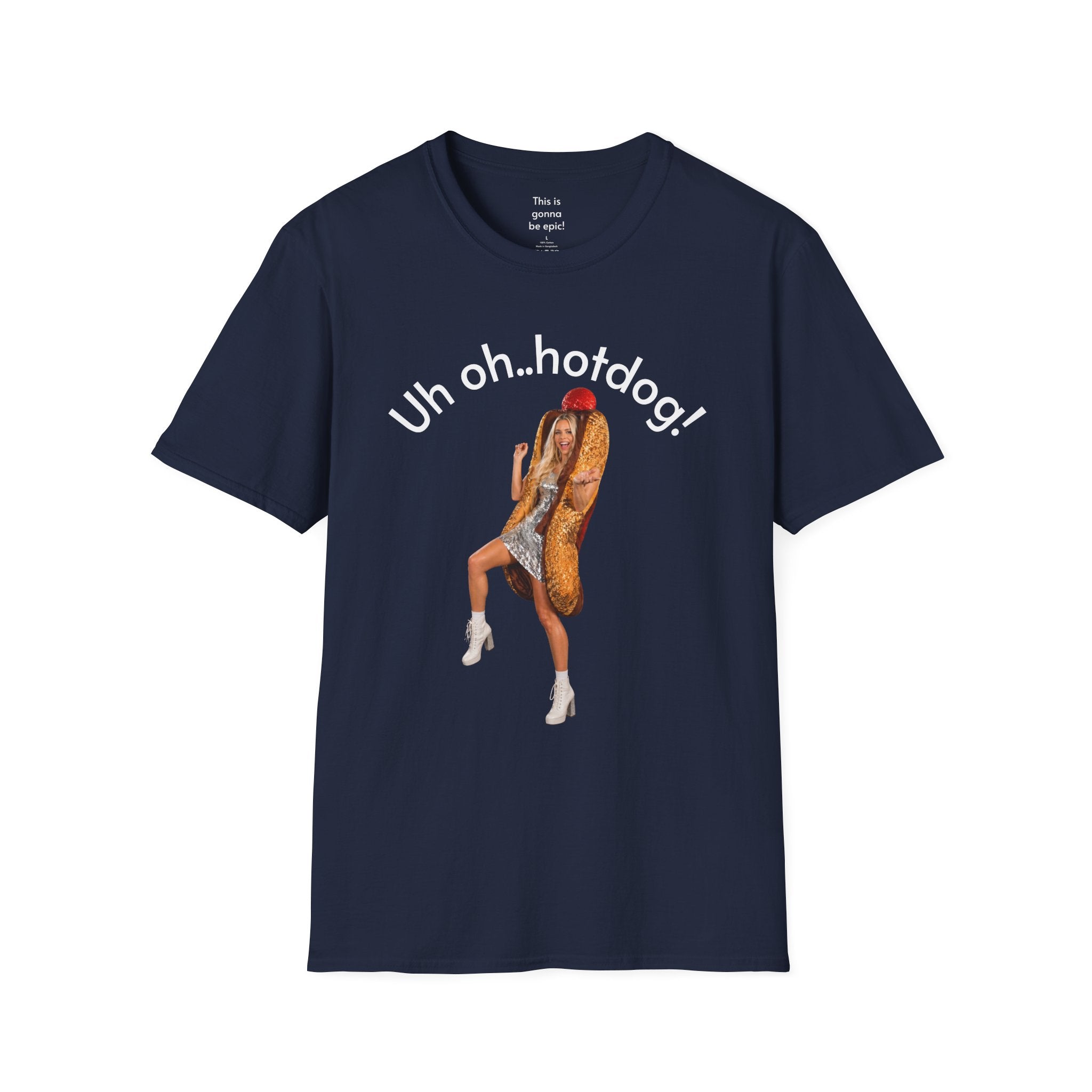 Crystal Sparkle Hotdog Costume by SneakyPete Humorous Unisex Softstyle T-Shirt - 'Uh oh.. hotdog!' Fun Graphic Tee