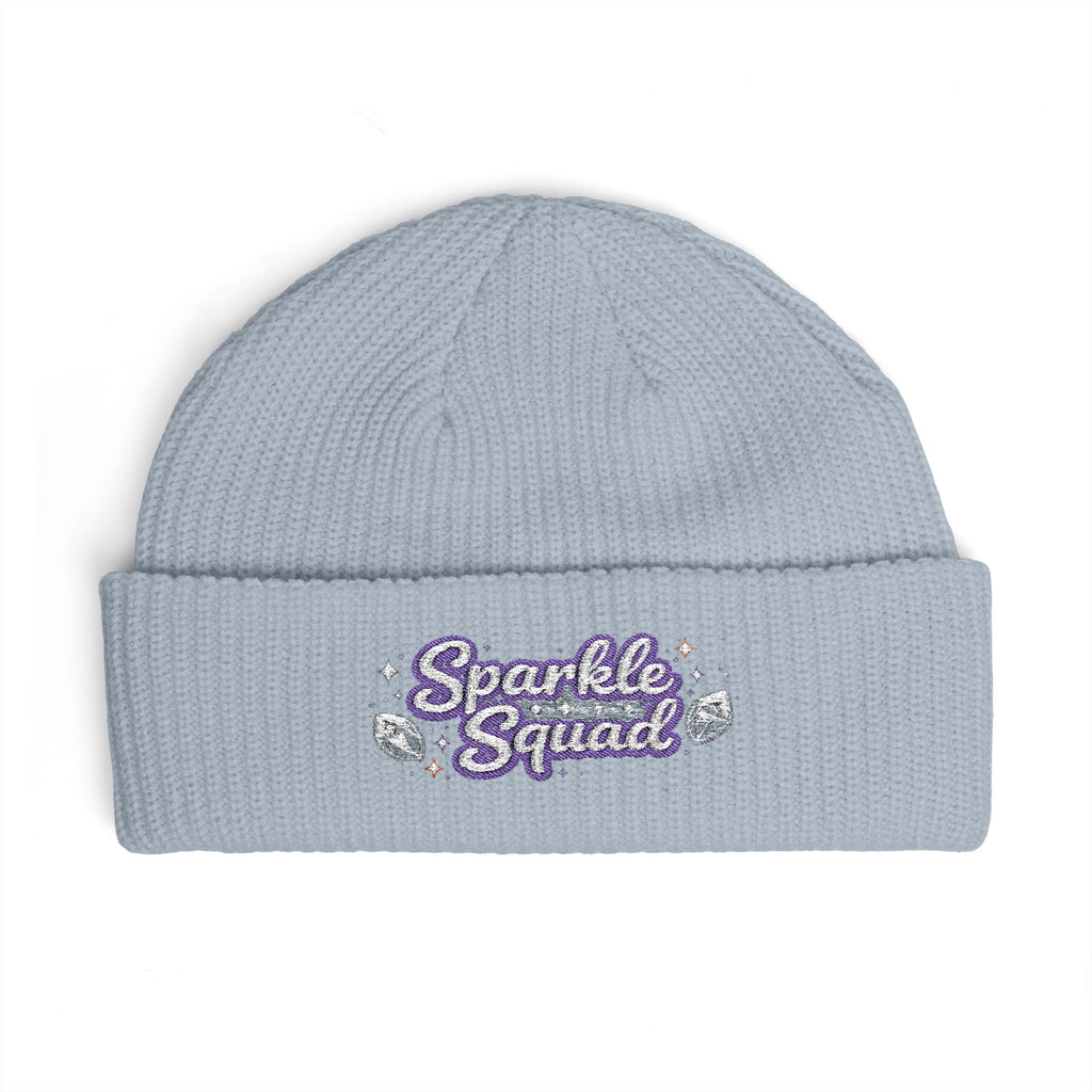 Sparkle Squad by GareBearStare Cuff Beanie — Embroidered Glitter Script Winter Hat