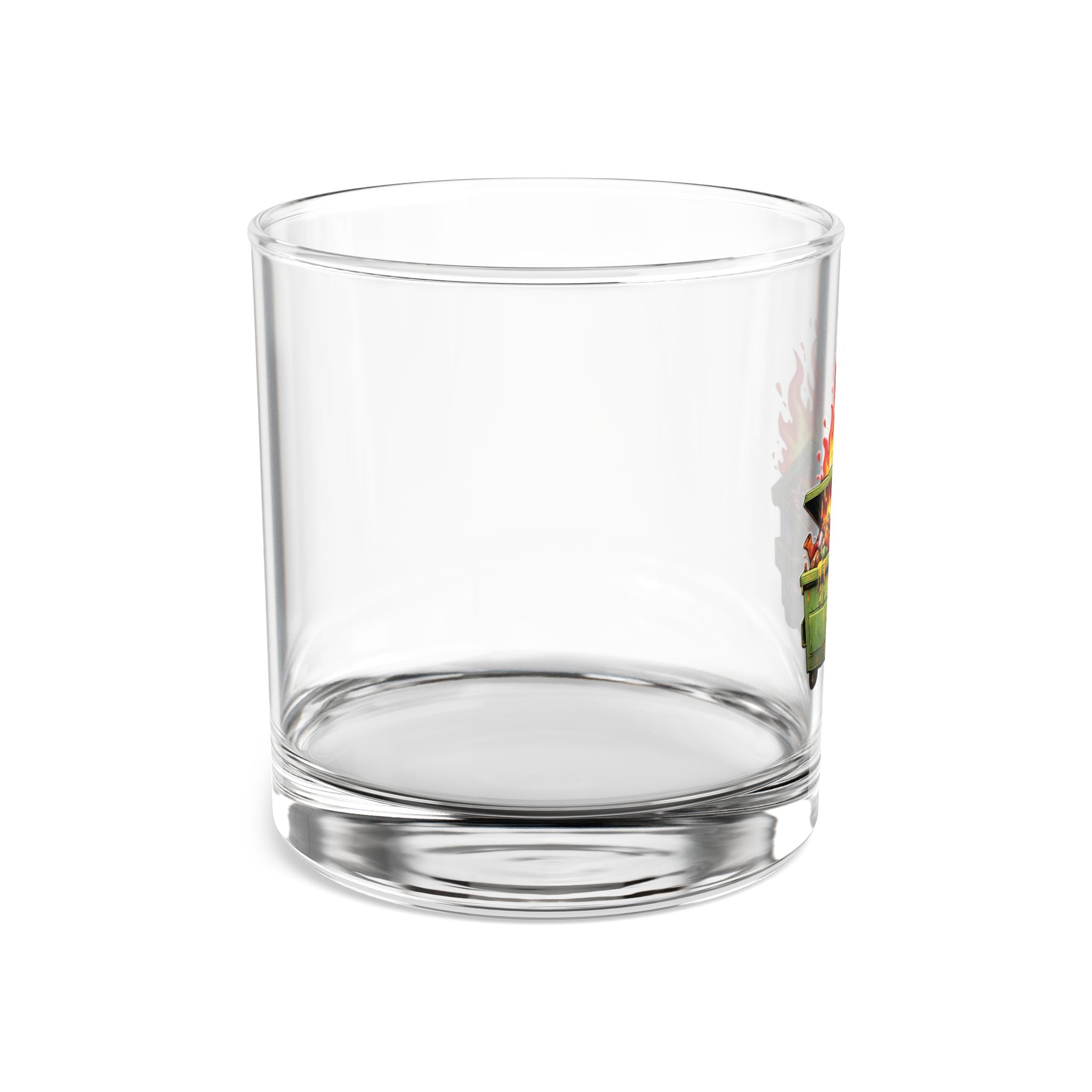 Dumpster Fire by TaliasaurusRex Rocks Glass — 10oz Whiskey Glass with Funny Flaming Dumpster Design