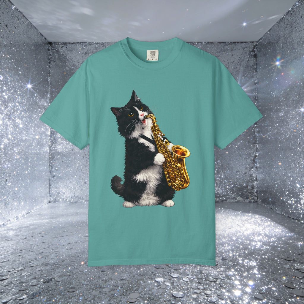 Tuxedo Cat Playing Saxophone T-Shirt — Funny Jazz Kitty Graphic Tee