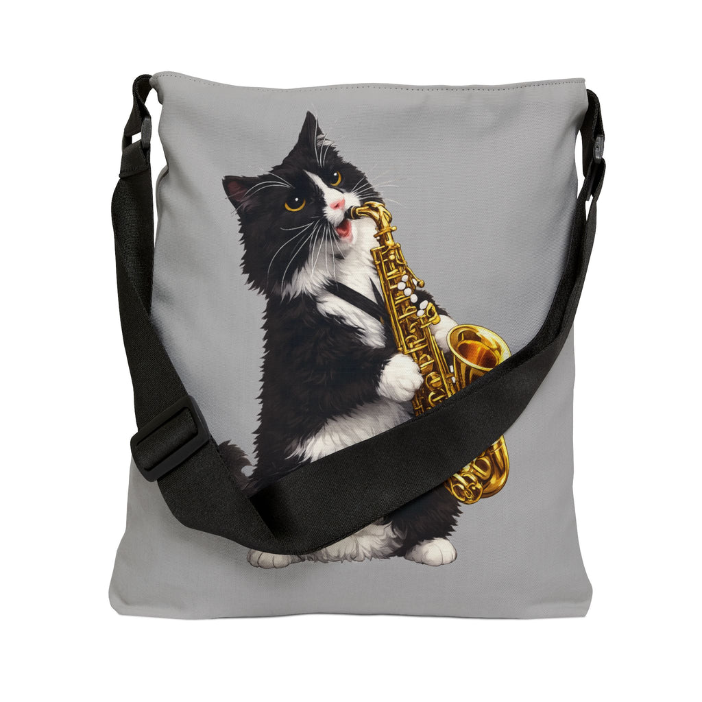 Saxophone Tuxedo Cat Grey Adjustable Tote Bag — Cute Musical Cat Shoulder Bag