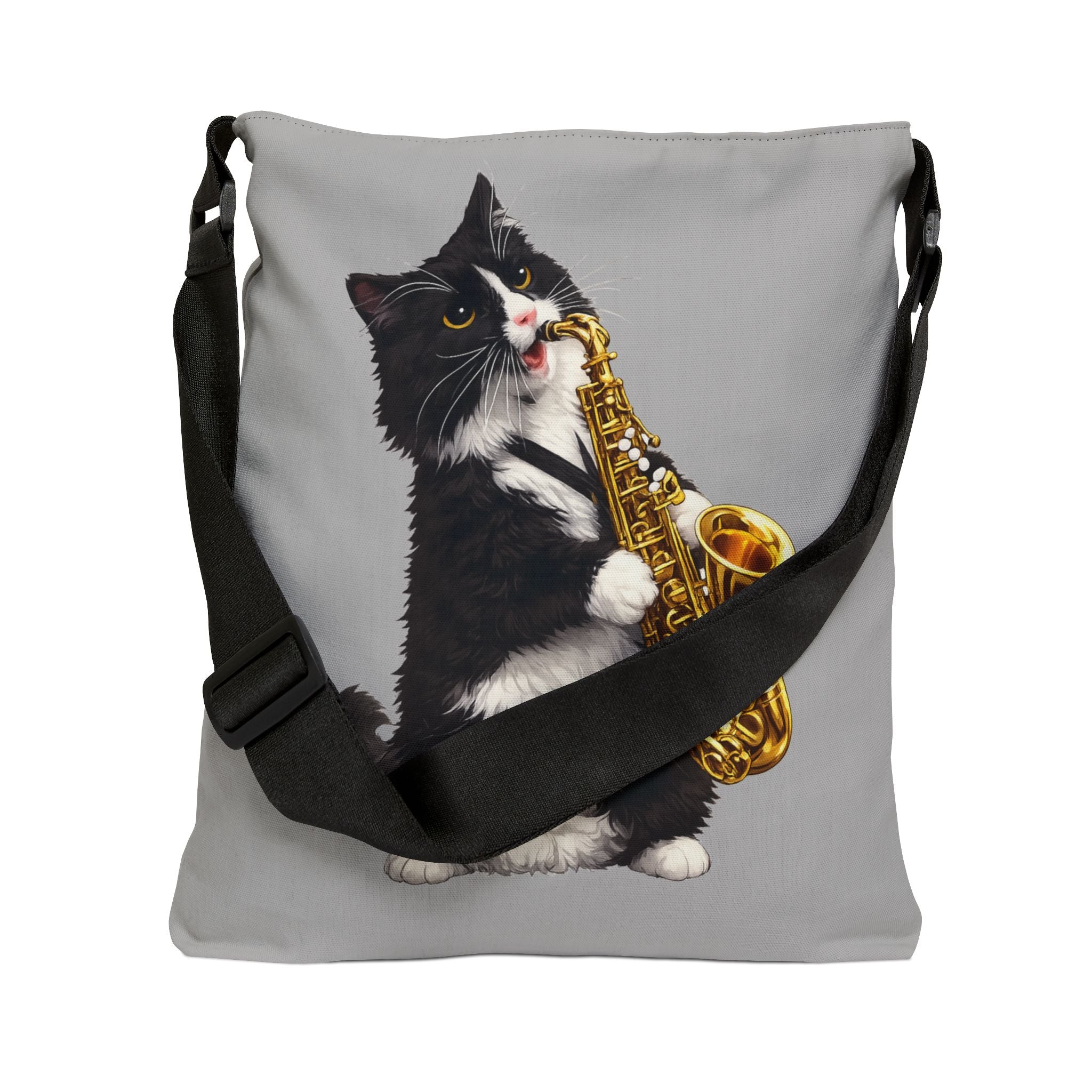 Saxophone Tuxedo Cat Grey Adjustable Tote Bag — Cute Musical Cat Shoulder Bag