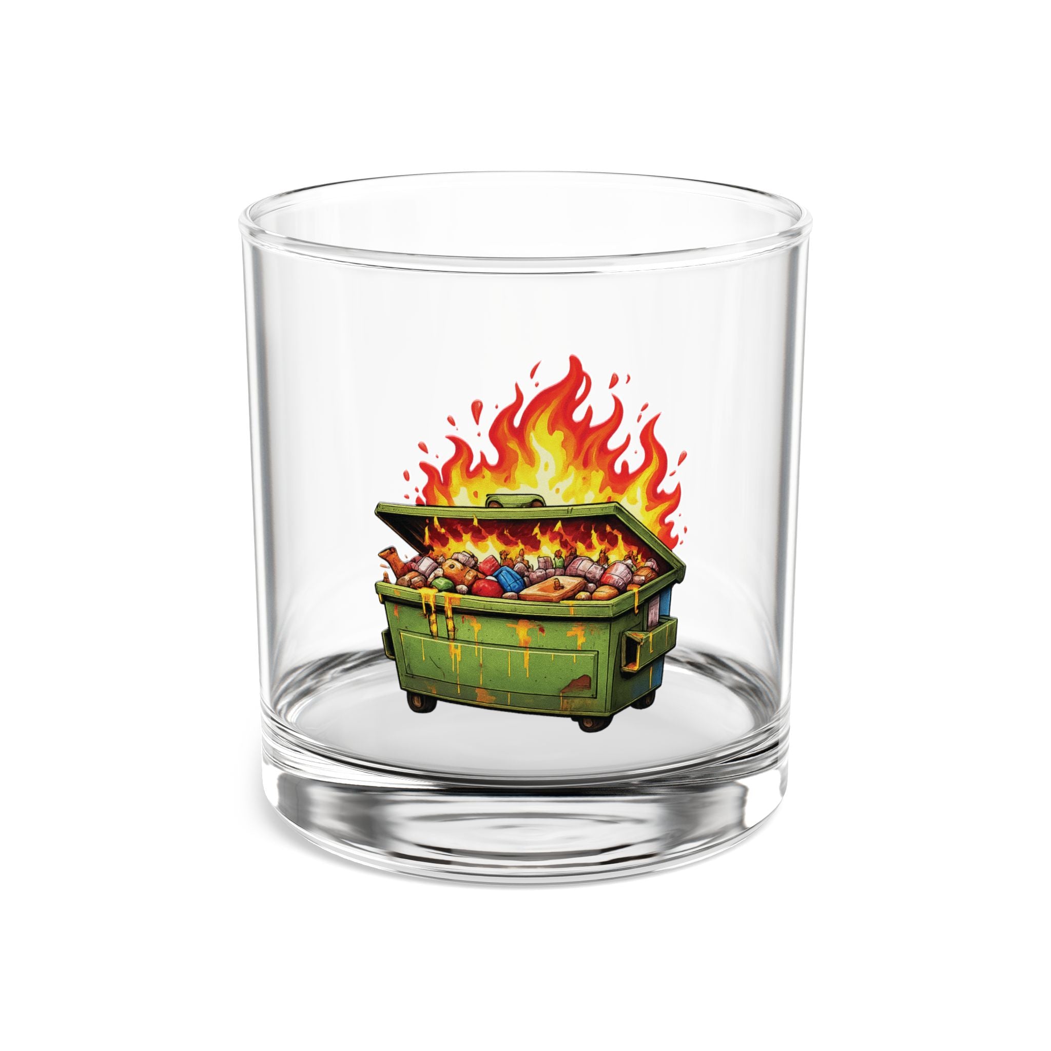 Dumpster Fire by TaliasaurusRex Rocks Glass — 10oz Whiskey Glass with Funny Flaming Dumpster Design