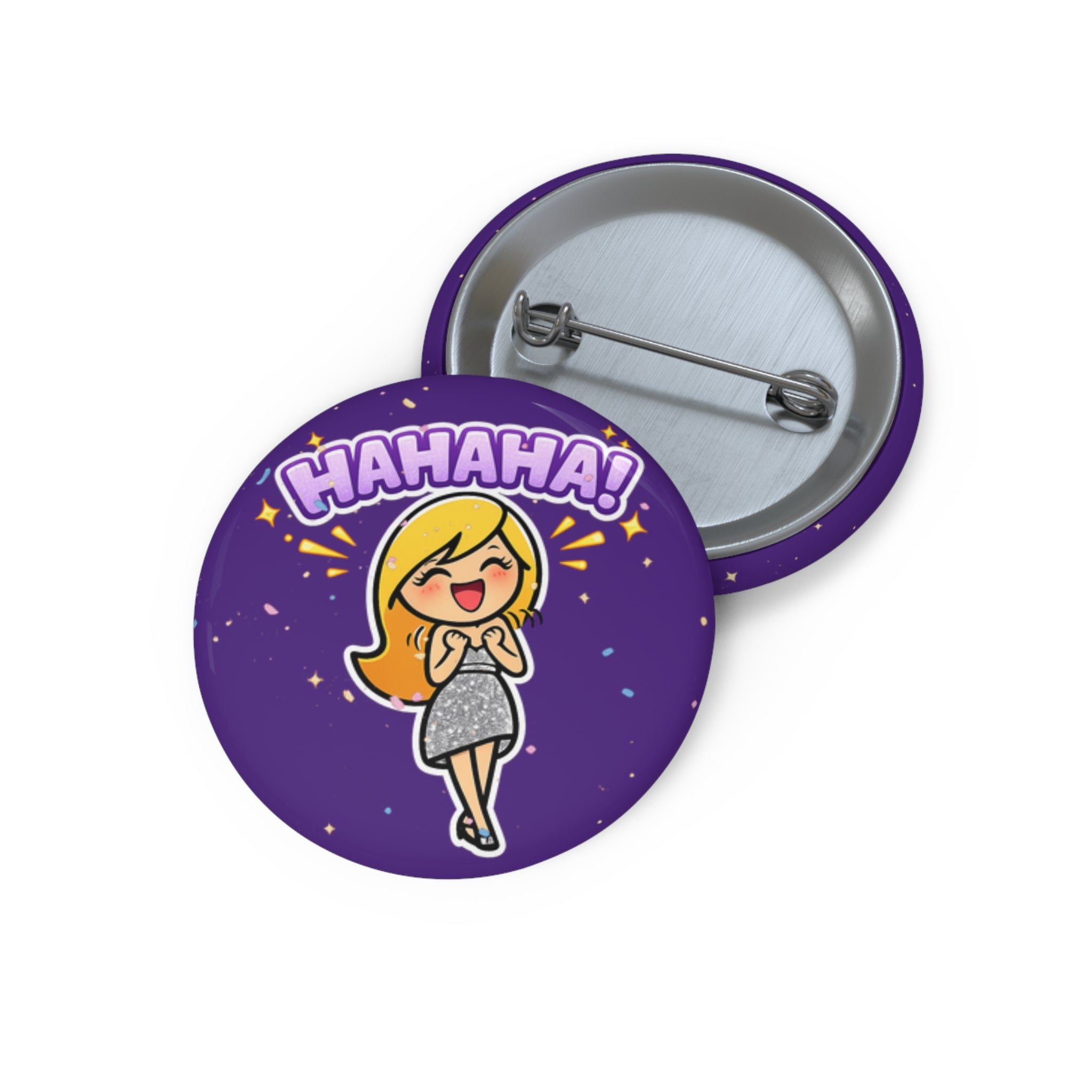 Laughing Crystal Sparkle Pin Button — Funny Cartoon Badge with "HAHAHA!" Text