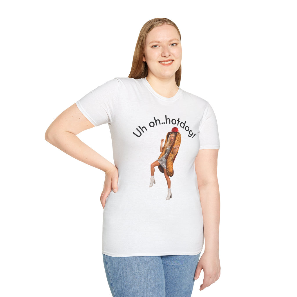 Crystal Sparkle Hotdog Costume by SneakyPete Humorous Unisex Softstyle T-Shirt - 'Uh oh.. hotdog!' Fun Graphic Tee